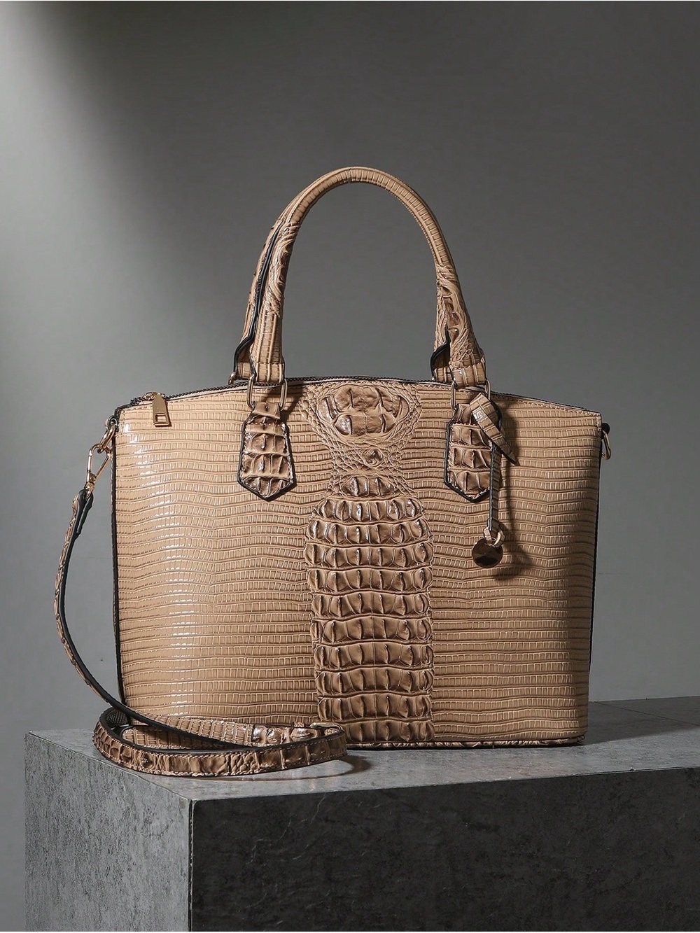 Textured Taupe Croc-Embossed Satchel with Detachable Strap